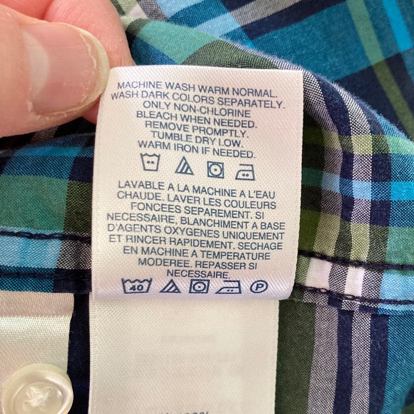 Boy’s size 8 Lands’ End blue and green plaid long sleeved button up dress shirt - Picture 5 of 5